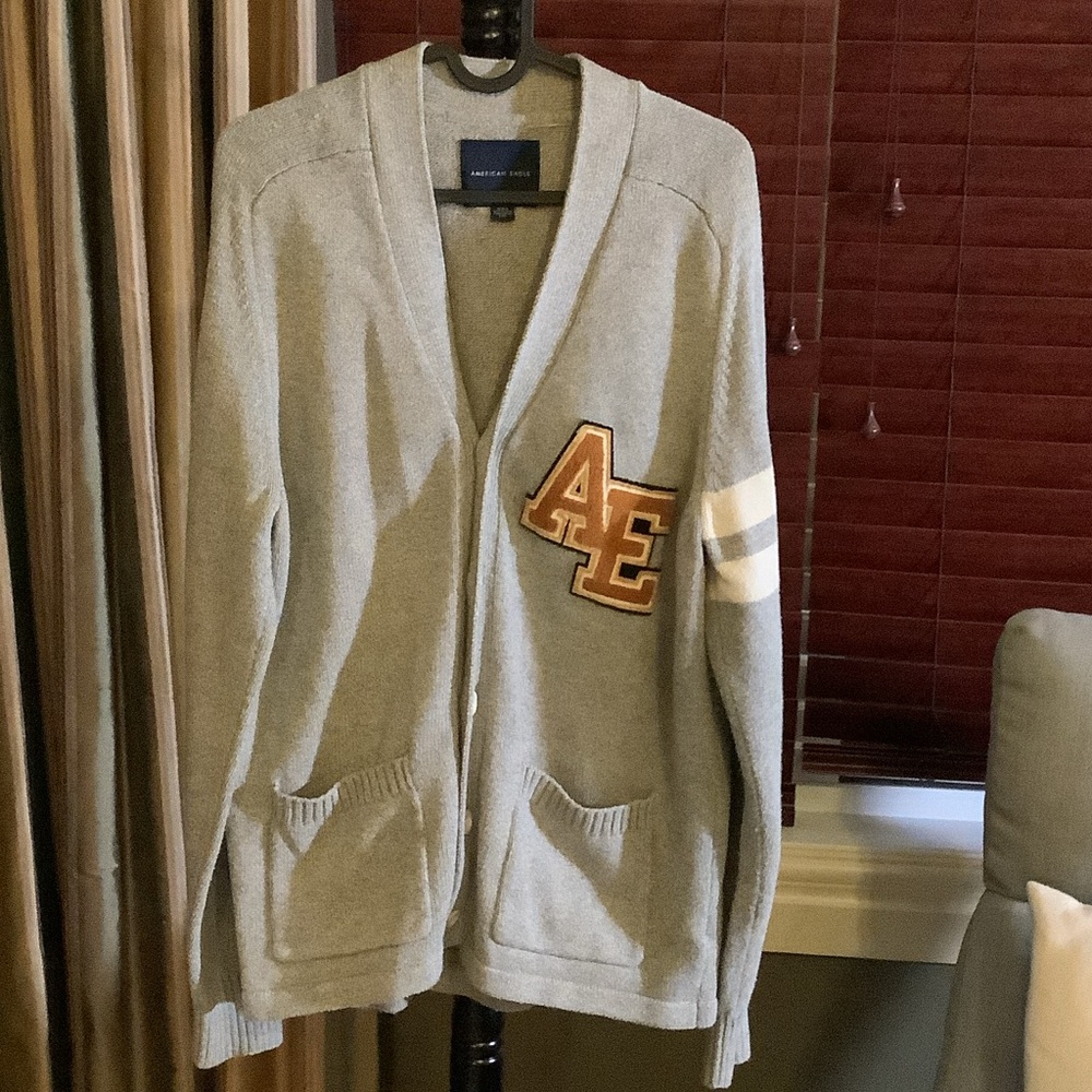 American Eagle Outfitters Gray Cardigan with Logo Patch
